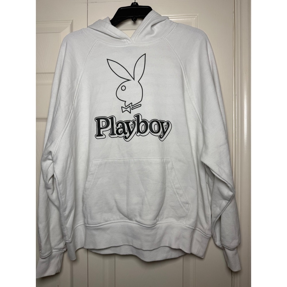 Playboy by PacSun White Graphic Hoodie Bunny Logo Sweatshirt Womens Medium - Picture 2 of 8